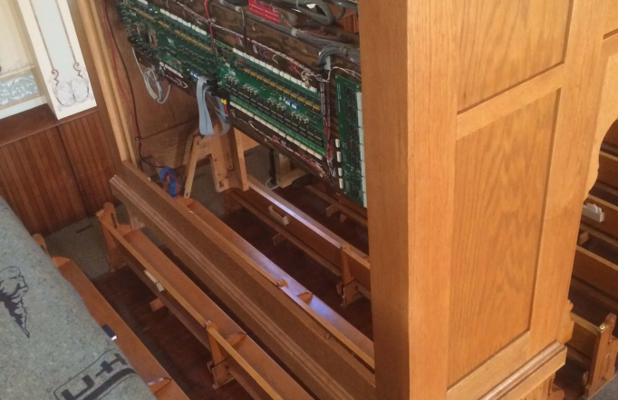 The refinished console coming up via the lift from the main floor